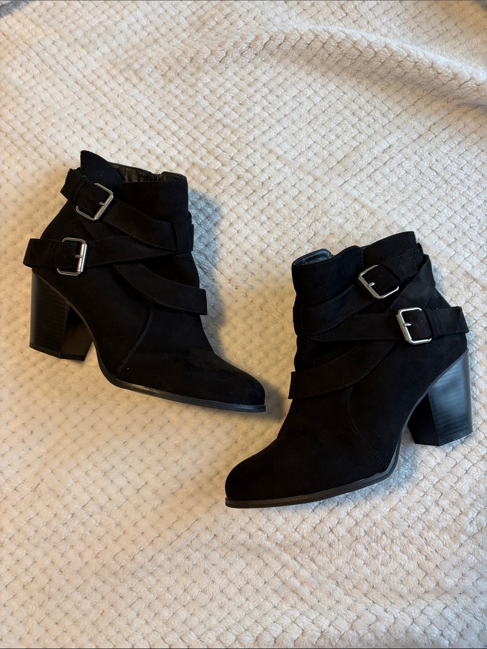 Women's Black Suede Buckle Ankle Booties